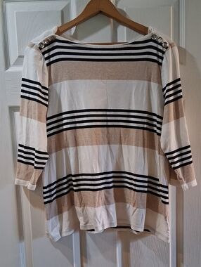 croft & barrow Beige, White and Black Striped Boatneck Top with Shoulder Buttons